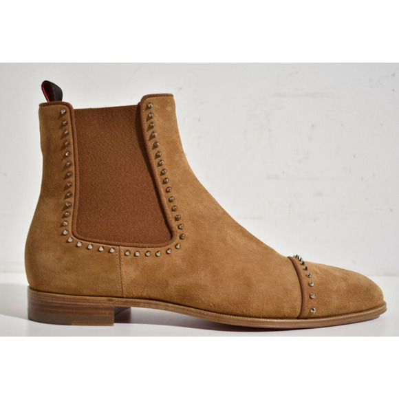 Christian Louboutin Mens Chelsea Cloo Flat Cinnamon Brown Suede Spike Boot 42 9 - Picture 2 of 12